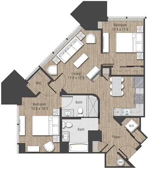 Floor plan for 2 beds, 2 baths, 970 sqft